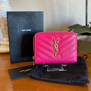 Saint Laurent YSL Quilted Compact Wallet Pink Leather
